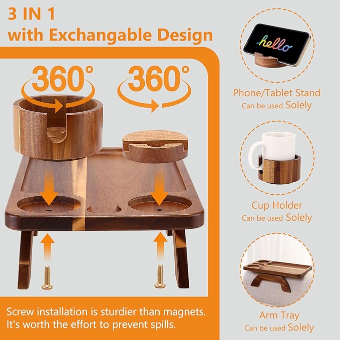 Couch Armrest Table Acacia with 360°Rotating Phone & Cup Holders,15.4" x 9.8", 3-in-1 Sofa Arm Tray Clip-On Couch Tray for Drinks & Snacks