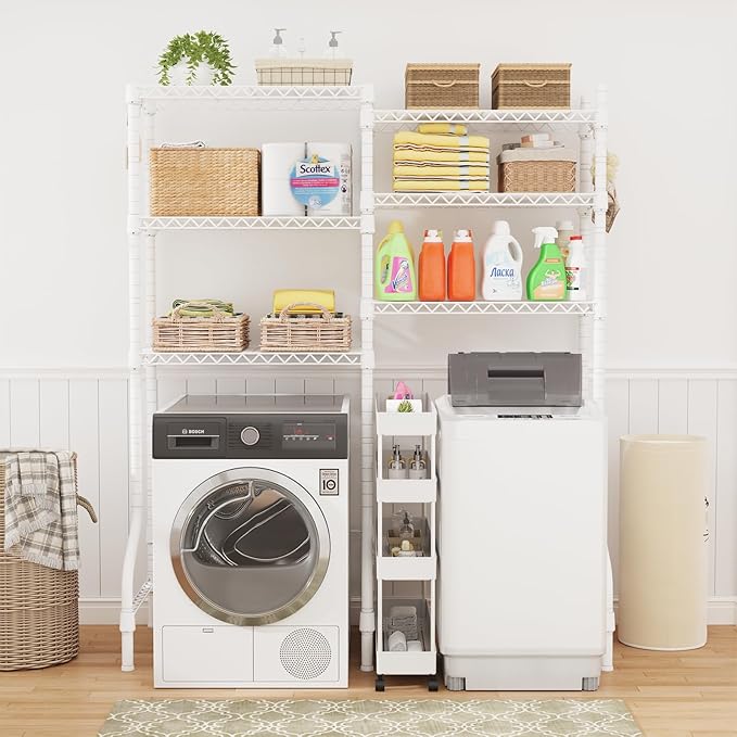 U15 Over Washer and Dryer Storage Shelves, Laundry Above Washer Dryer Storage Rack Space Saver, 6-Tier Wire Shelf with 4 Hooks for Organization, 63.4"W x 17.3"D x 76.4"H, Holds 568lbs, White
