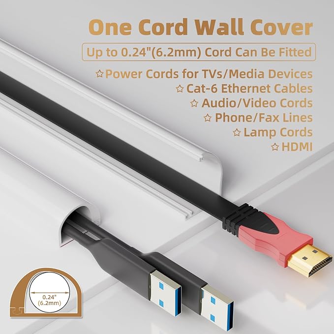 39" Side Open One Cord Hider (<1/4") for Wall Mounted Tv,Extension Cable Cover to Hide Conceal Cords Along Wall,Wire Raceway Management Cable Concealer Channel,Electric Cord Organizer Wiremold,White