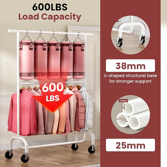 Heavy Duty Clothes Rack Load 600 LBS, Rolling Clothing Rack for Hanging Clothes with Lockable Wheels, Double Rod Garment Rack for Bedroom, Laundry, Living Room, White