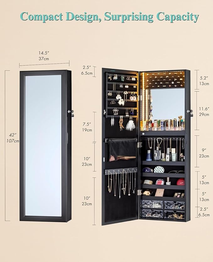 LUXFURNI 79 LED Lights Mirror Jewelry Cabinet, Wall Mounted/Door-Hanging Mirror with Storage, Lockable Jewelry Mirror Organizer, Black