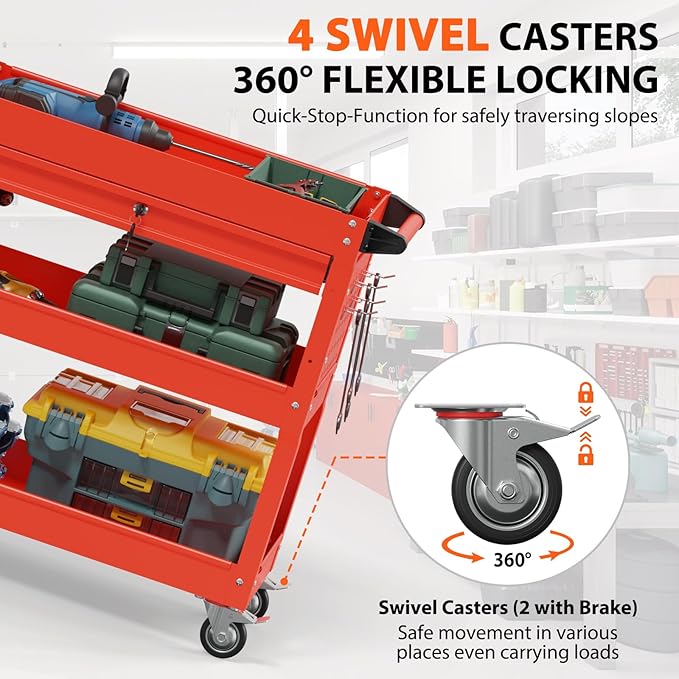3 Tier Rolling Tool Cart with Drawers, Heavy Duty Utility Cart on Wheels, Large Storage Capability Service Cart for Garage, Warehouse and Repair Shop (Red)