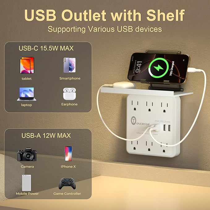 Overtop Power Charger with Shelf, Wall Outlet Extender Surge Protector with 6 AC Outlets, 4 USB Ports(1 USB C) Plug Expander Charger Shelf with Storage for Home, Dorm