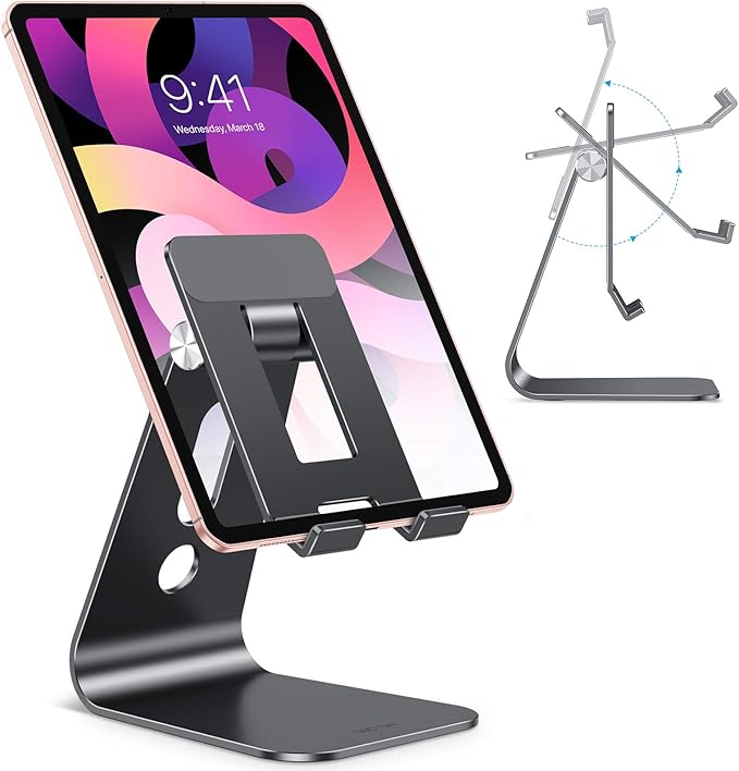 OMOTON Adjustable Tablet Stand for Desk, Upgraded Longer Arms for Greater Stability, T2 Tablet Holder with Hollow Design for Bigger Sized Phones and Tablets Such as iPad Pro/Air/Mini, Black