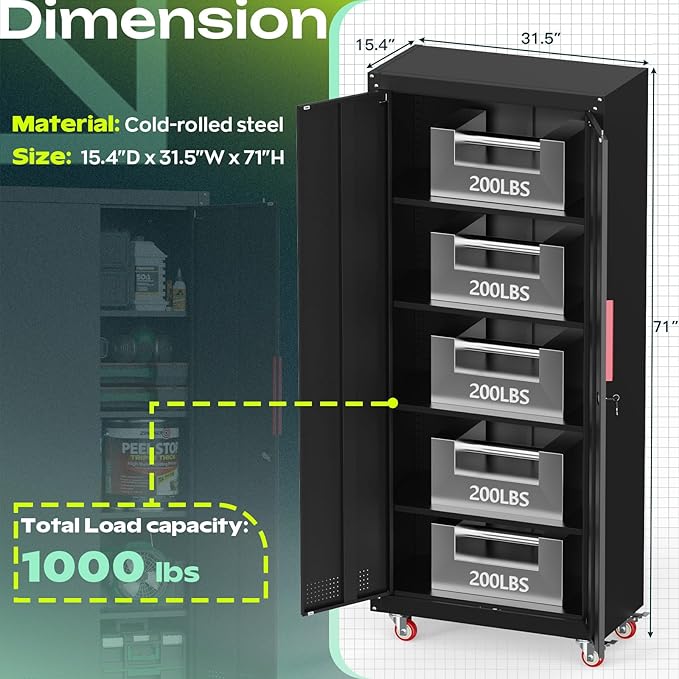 71" H Garage Storage Cabinet with Wheels,Metal Cabinets with 4 Adjustable Shelves and 2 Locking Doors for Garage,Home,Office,Shop,Black