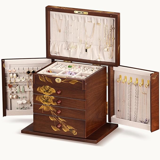 Hand-Painted Wooden Jewelry Boxes for Women - 8-Layer Large Lockable Jewelry Box with Compartments, Dresser Top Jewelry Organizer, Vintage Wooden Jewelry Storage