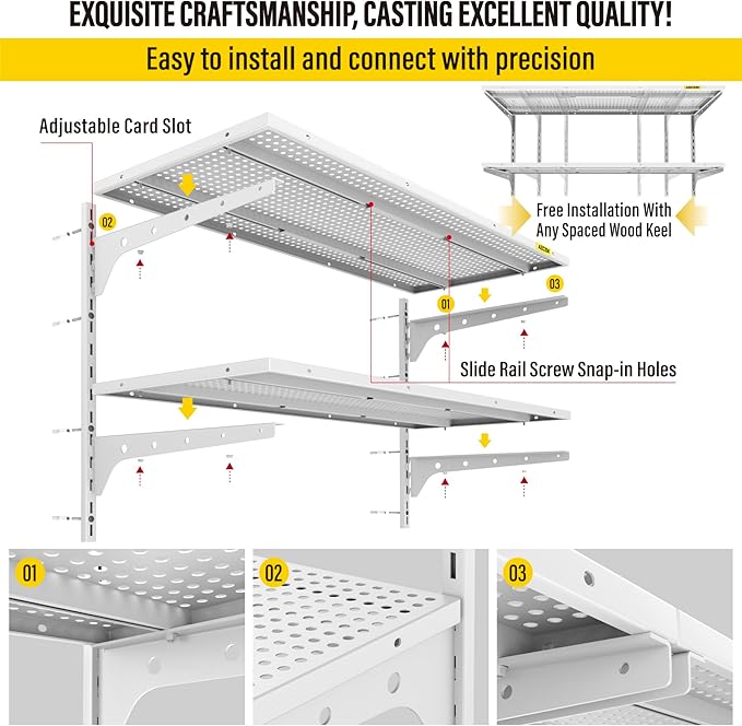 1pack×2 Tier 1.3x3ft Garage Shelving Wall Mounted, 250lbs Load Capacity,15.6x36inch per Shelf Height Cassette Adjustable Floating Shelves(White)