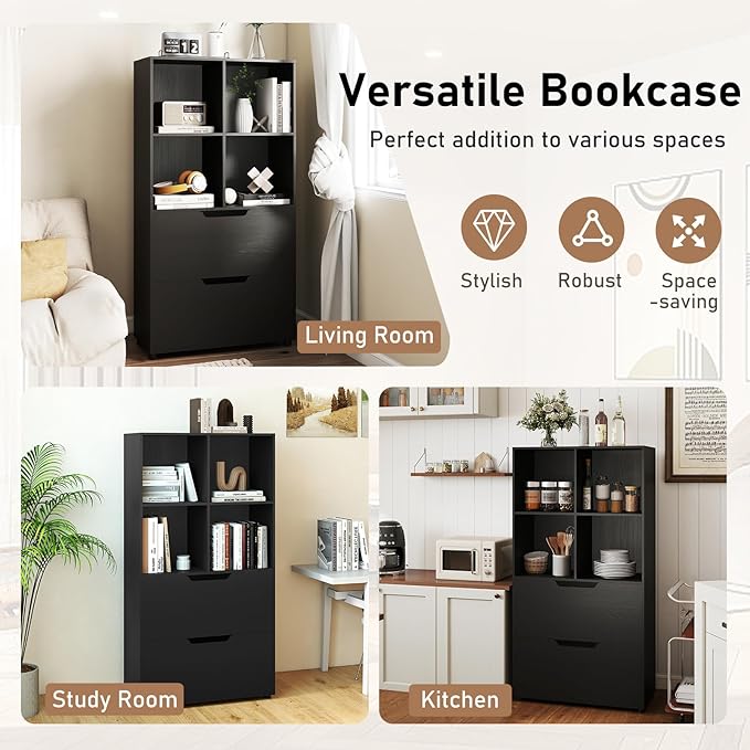 Giantex Bookcase with 2 Drawers, 51” Tall Floor Bookshelf w/4 Cubes, Anti-tip Kits, Freestanding Display Rack, Cubby Storage Organizer for Study, Living Room, Home Office, Black