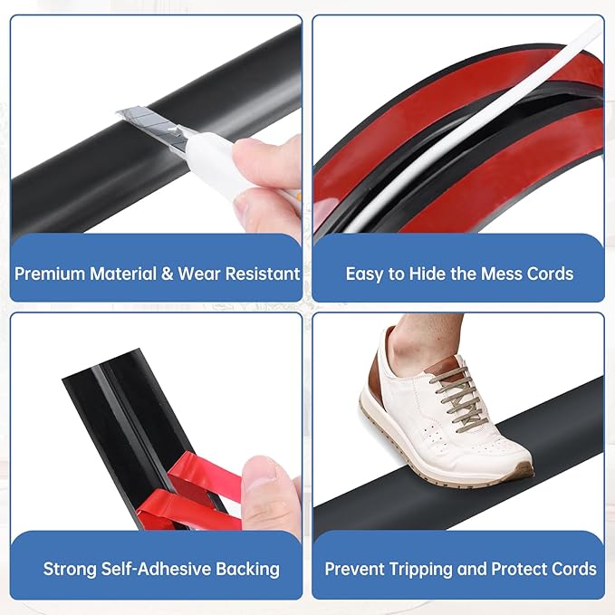 Floor Cord Cover Self Adhesive Cord Hider Floor Extension Cord Covers for Floor Power Cord Protector Cable Management Prevent Cable Trips Cable Cavity 0.32" W x 0.32" H (Black, 3.3Ft)