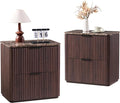 Fluted Nightstand Set of 2, Bedside Table with 2 Drawers, Engineered Wood End Table with Faux Marble-Top, Curved Corners, Metal Handle, Modern Night Stand for Bedroom, Small Spaces, Dark Oak