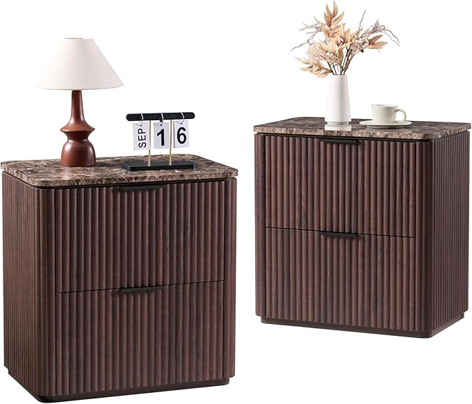 Fluted Nightstand Set of 2, Bedside Table with 2 Drawers, Engineered Wood End Table with Faux Marble-Top, Curved Corners, Metal Handle, Modern Night Stand for Bedroom, Small Spaces, Dark Oak