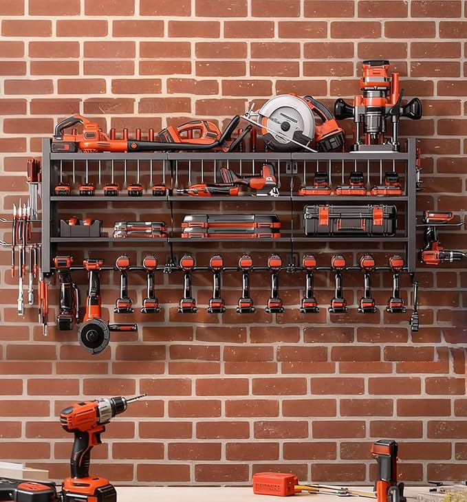 49" W Super Large Power Tool Organizer Wall Mount,Heavy Duty Cordless Tool Organizer with 14 Drill Holder,450 Lbs Capacity 4-Layer Garage Organization for Garage and Workshop (Black)