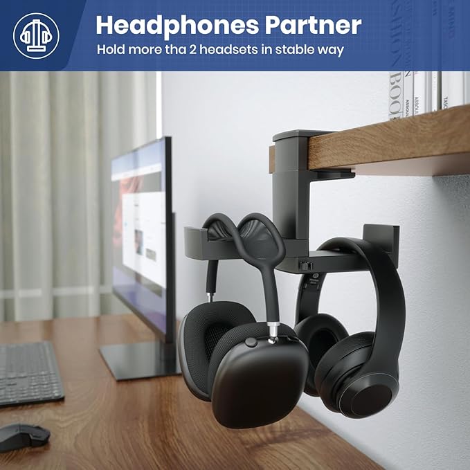 Dual Headphone Stand Holder - EURPMASK 2 in 1 PC Gaming Headset Hooks, 360 Degree Rotating Headphone Hanger with Adjustable Clamp & Cable Clip Organizer, Headset Mount Under Desk Earphone Clamp-Black