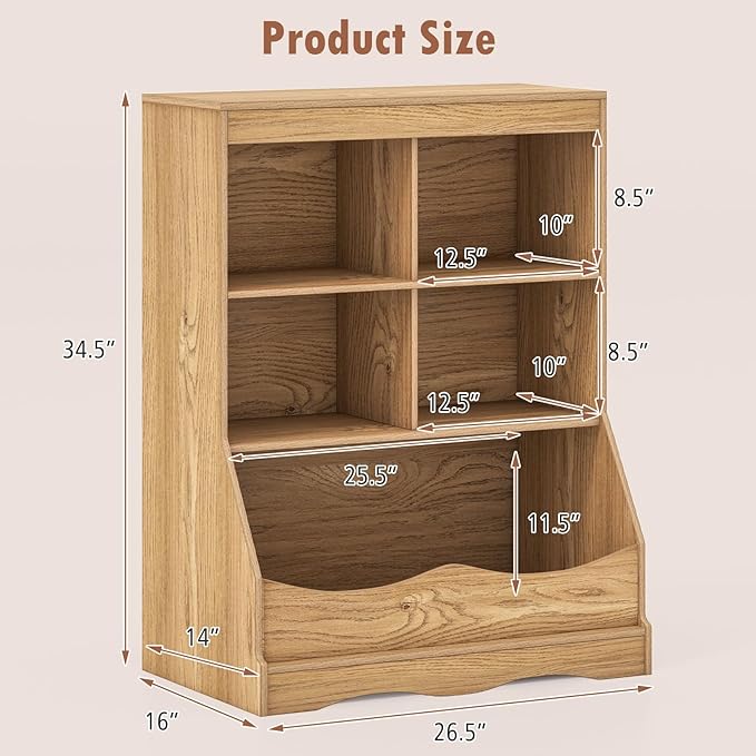 Storage Organizer, Small Bookcase w/ 4 Open Cubes & 1 Bottom Compartment, Anti-Tipping Device, Foot Pads, Low Cube Bookshelf for Bedroom, Living Room, Playroom, Study, Small Spaces (Natural)