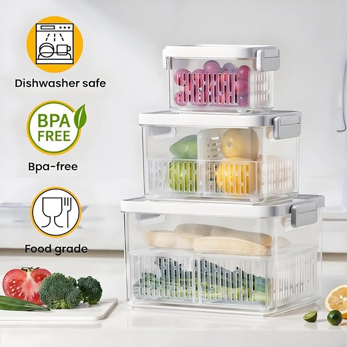 vacane 3 Pack Produce Saver with Removable Colanders, Clear Fruit Containers for Fridge Dishwasher Safe Lettuce Keeper Berry Containers, Keep Vegetable Food Fresh