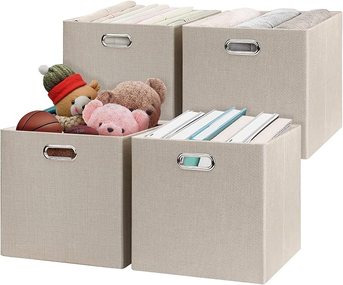 Posprica Storage Cube Basket Bins,13×13 Foldable Storage Boxes for Closet Organizer Shelf Cabinet Bookcase,Thick Fabric Drawer,Set of 4, Beige