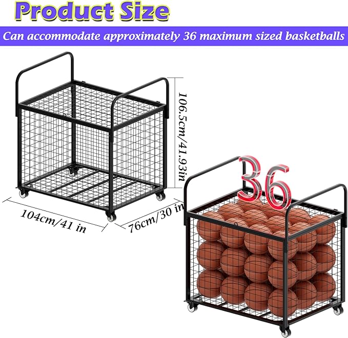 Ball Storage - Basketball Cart With Wheels Garage Volleyball Storage Sport Equipment Holder Organizer For Indoor Outdoor,Metal Storage Rack For Playgroup,Gym And School