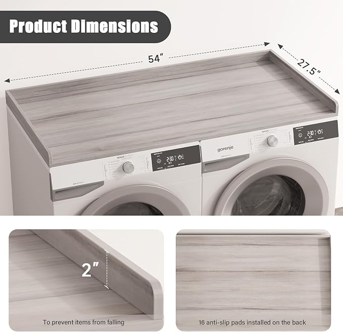 Washer Dryer Countertop, Laundry Countertop with Edge Rails - 27.5" x 54" Melamine Finish for Laundry Room Organization (Oak)