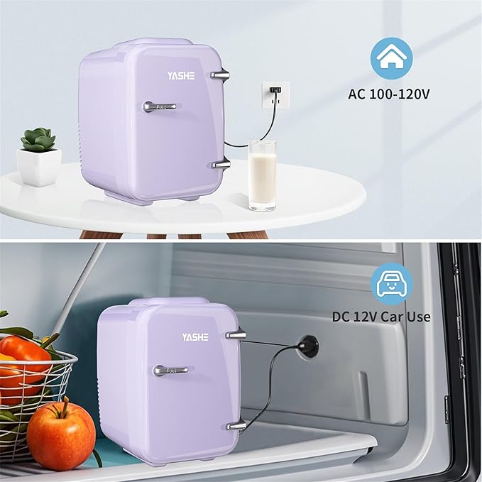 Mini Fridge, 4 Liter Makeup Fridge, 110V AC/ 12V DC Thermoelectric Cooler and Warmer Small Fridge for Bedroom, Drink, Dorm, Car, Purple