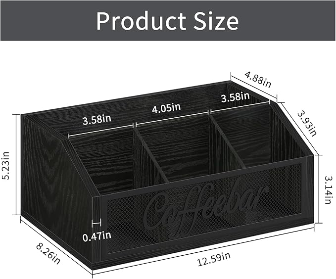 YINMIT Coffee Station Organizer for Countertop, Wood Coffee Bar Organizer with Removable Dividers for Pods, Syrup, Cups, Stirrer, Tea - Office Bar Accessories, Black