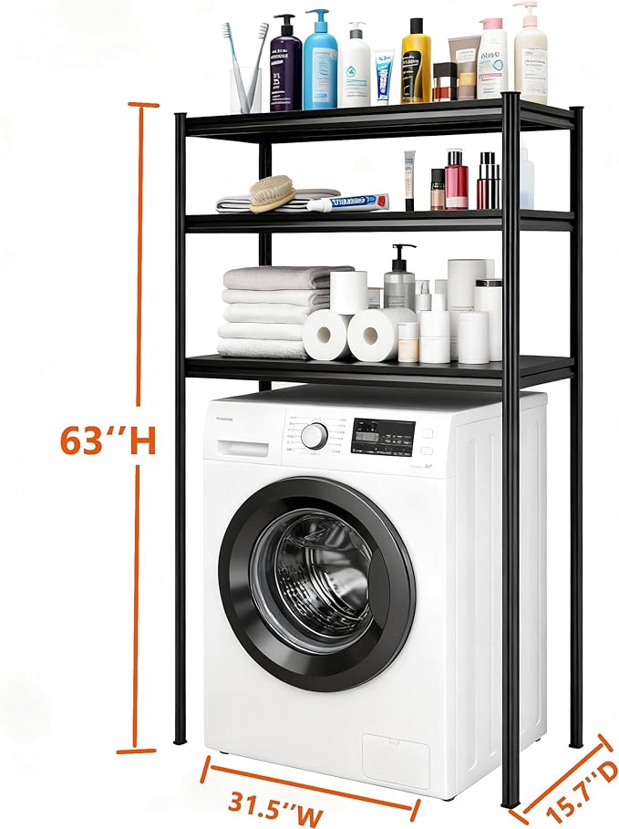 Height-Adjustable Bathroom & Laundry Storage Shelf, 3-Tier Metal Organizer Rack for Washer Dryer, Sturdy Shelving Unit for Bathroom Essentials, 63 x 31.5 x 15.7 Inches