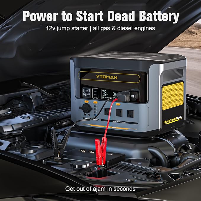VTOMAN FlashSpeed 1500 Portable Power Station with Jumper Cables, 1548Wh LiFePO4 Solar Generator & Car Jump Starter, Recharge 0-100% in 1H, 1500W AC Output/Input, for Outdoor, Home, Roadside Rescue