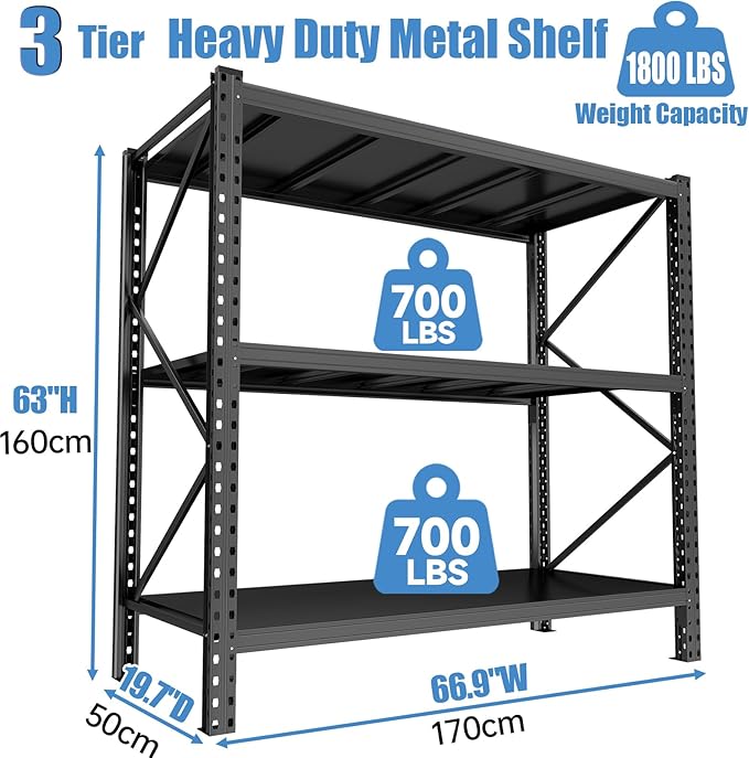Garage Storage Shelves,5 Tier Shelving Unit, 40 inch Wide, 18” Deep, 78” Tall Organizer Metal Shelf for Basement/Laundry/Pantry Heavy Duty, Adjustable,Easy to Install (3Tier-67"WX20D"X63H)