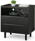 26" Tall Black Nightstand with Charging Station, 2 Drawer Contemporary Modern Bedside Table with Tray Top, USB Ports, Outlets & Open Shelf for Bedroom or Living Room