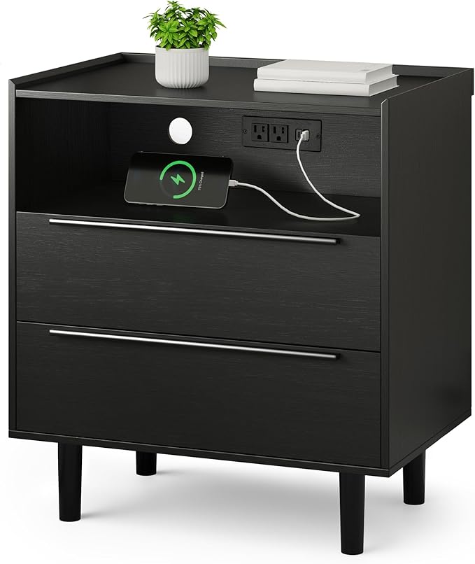 26" Tall Black Nightstand with Charging Station, 2 Drawer Contemporary Modern Bedside Table with Tray Top, USB Ports, Outlets & Open Shelf for Bedroom or Living Room