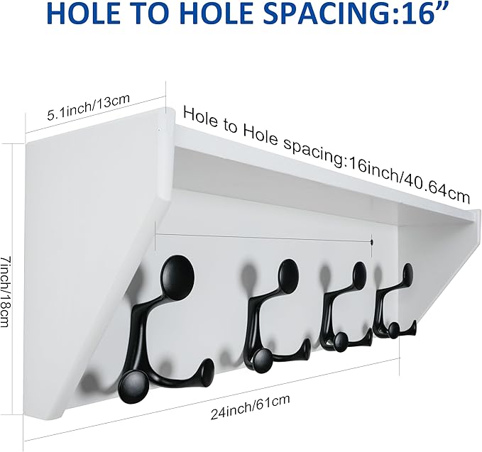 WEBI Wall Shelf with Hooks Underneath,24” Long Wall Mounted Coat Rack with Shelf,Entryway Coat Rack with 4 Triple Hooks for Hanging Coats,Jacket,Hallway,Bedroom,Mudroom,White
