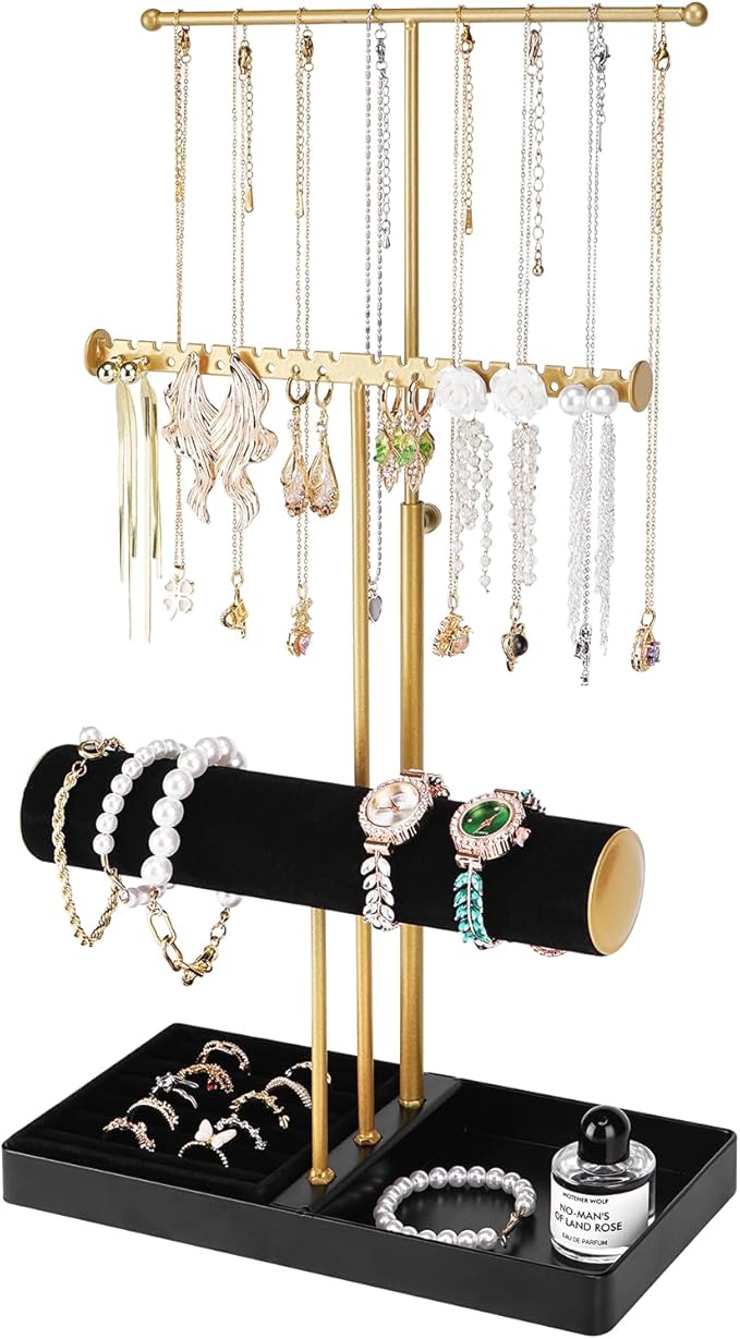 Cirhy Jewelry Organizer Stand, 3 Tier Necklace Holder for Women, Adjustable Jewelry Tree with Velvet Bracelet & Ring Tray, Elegant Jewelry Display for Necklaces, Bracelets, and Earrings（Black）