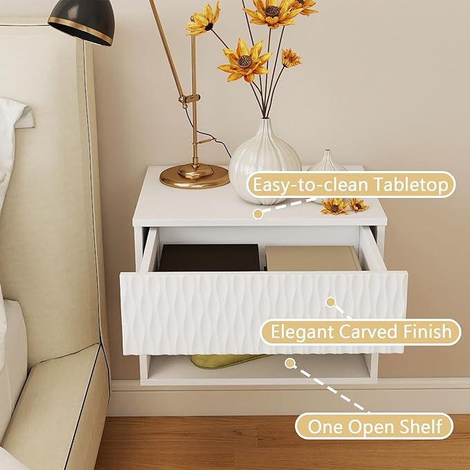Floating Nightstand Set of 2,Modern Bedside Tables with for Bedroom,Small Night Stands with Drawer and Open Shelf, Wall Mounted End SideTables Set for Living Room