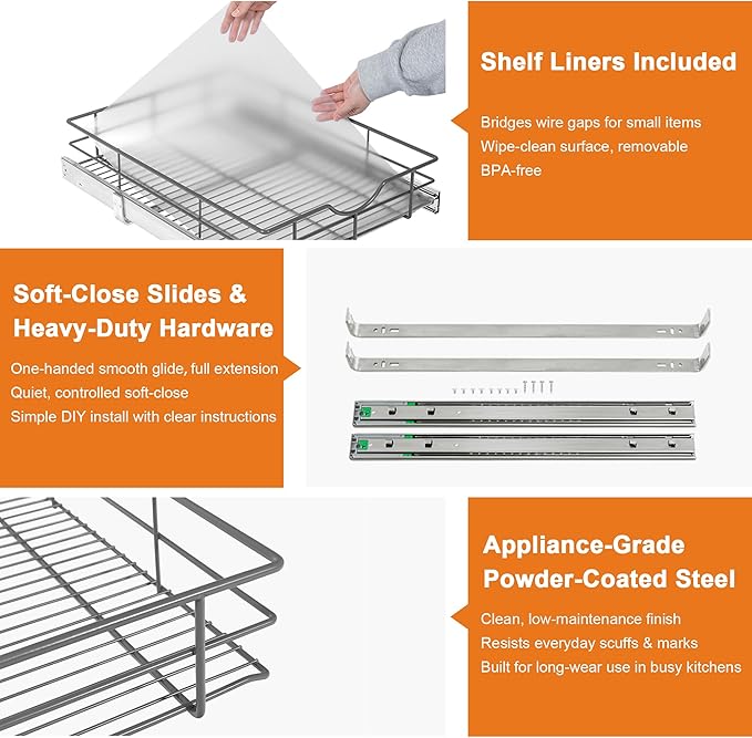 ALINE FURNITURE Pull Out Shelves - 11" W x 22" D Soft Close Pull Out Cabinet Organizer 1 Tier - Slide Out Drawers with Shelf Liner, Heavy Duty Steel Wire Baskets for Kitchen Cabinets, Pantry, Bathroom