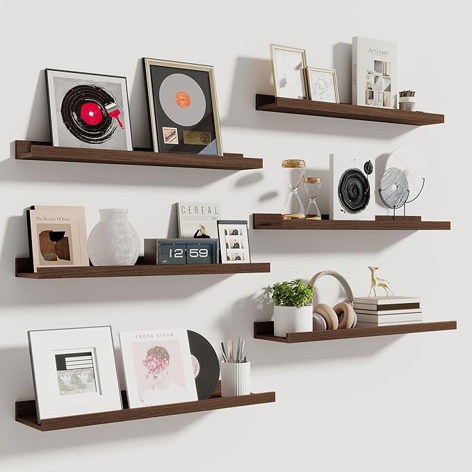 Fun Memories Picture Ledge Shelf, 24 Inch Long Floating Shelves Set of 6, Picture Shelf for Wall with Lip, Large Nursery Book Shelves for Storage, Wall Shelves for Living Room Bedroom Kitchen, Walnut