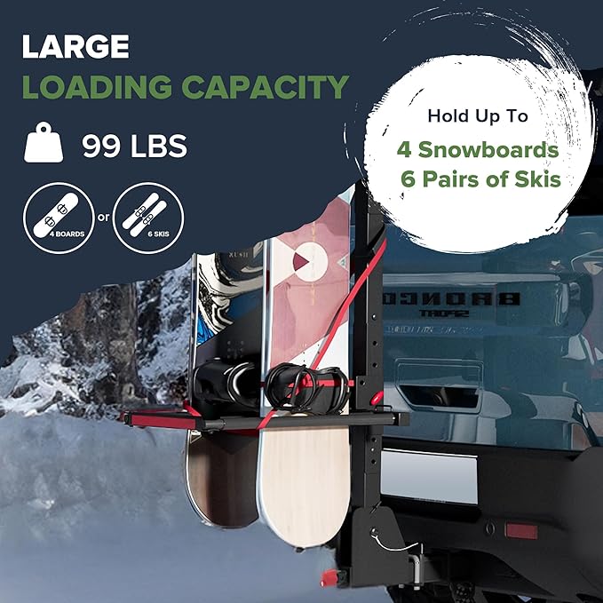 Arksen Folding Hitch-Mounted Ski/Snowboard Rack, Snowboard Mount Carries 6 Pair Skis or 4 Snowboards Fits 2" or 1.25" Receivers, Trailer Hitch Ski Rack with Key Lock, Security Strap, Tilt Access