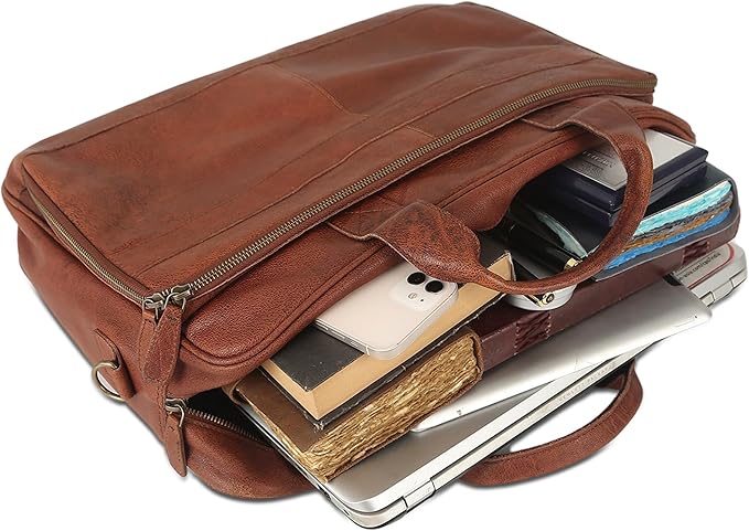 Leather briefcase 18 Inch Laptop Messenger Bags for Men and Women Best Office briefcase Satchel Bag (Wash Tan)
