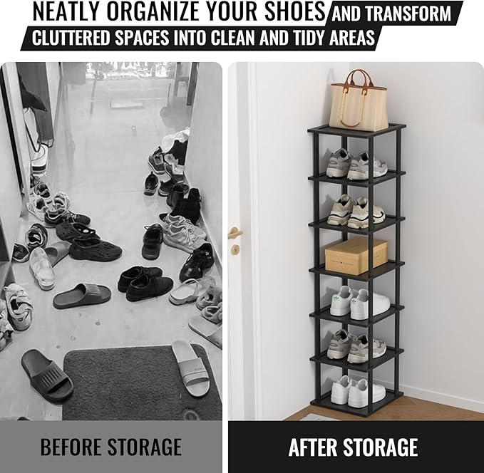 Bamboo Free Standing Shoe Rack Shelf Multi Tier Tall Wooden Stackable Shoes Rack Organizer for Closet Front Door Entrance Narrow Vertical Shoe Storage Rack for Corner Stand (Black, 7 Tiers)