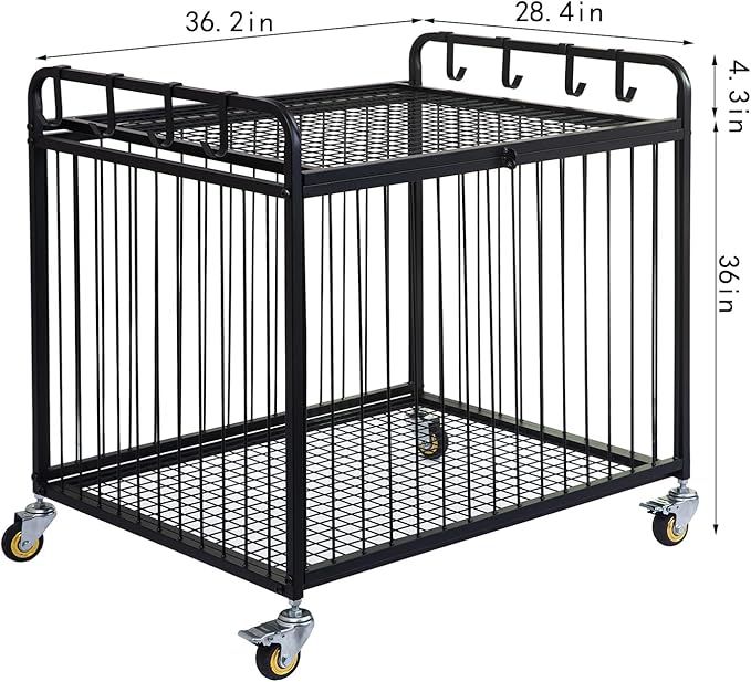 Matt Black Metal Rolling Cart Ball Gym Equipment Sports Gear Storage Portable Wheel Basket Lockable Cage Raised Handle Athletic Basketball Football Soccer Volleyball Racket School PE Class