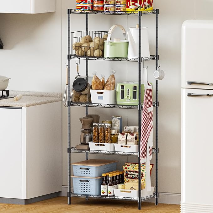 Storage Shelves,21.3" W x 11.8" D x 58.5" H Wire Shelving Unit Loads 550LBS,5-tier Adjustable Metal Utility Shelf,Garage Shelves with Liner and Hooks,Home Storage Rack for Kitchen,Laundry,Pantry