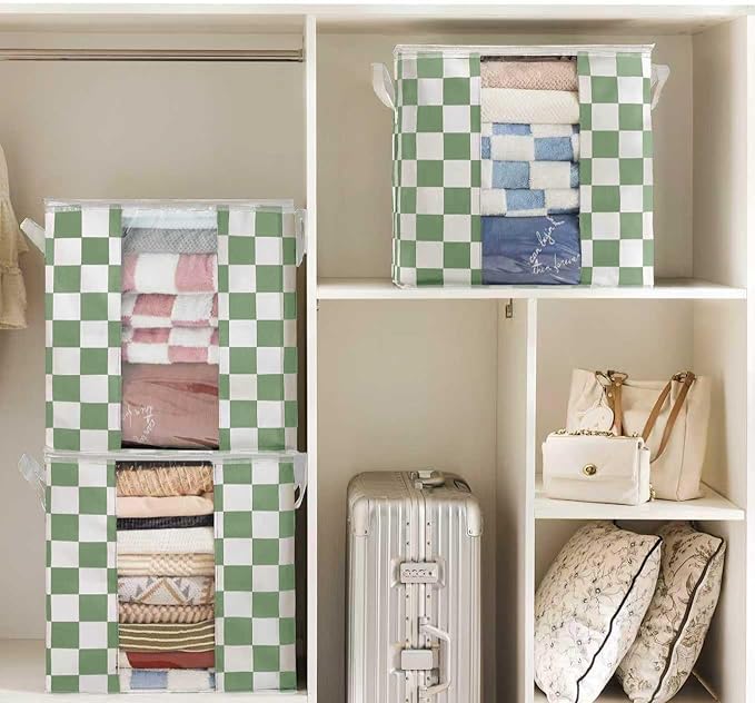 Green Checkered Clothes Storage Bins, 100L Large Blanket Storage Bags 3 Pack, Closet Organizers and Storage Containers for Comforters, Bedding, Foldable Organizer with Handle