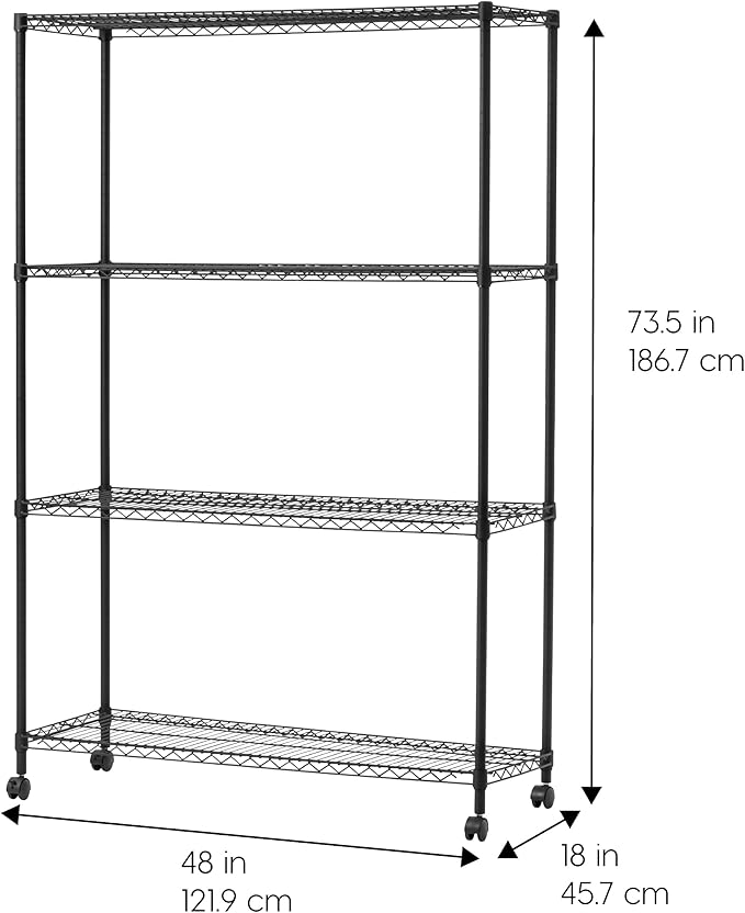IRIS USA, Inc. 4-Tier Adjustable Heavy Duty Steel Storage Rack with Removable Locking Casters (Up to 1200 lbs Loading Capacity), Wire Organization Unit with Metal Shelves, Black (48"L x 18"W x 73.5"H)