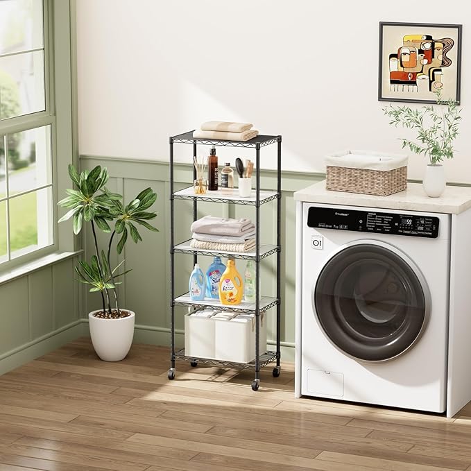 SINGAYE Shelf Closet Wire Shelving：Adjustable Metal Unit for Laundry Room Organization Bathroom Kitchen Home Storage with Wheels Pantry Rack Shelves