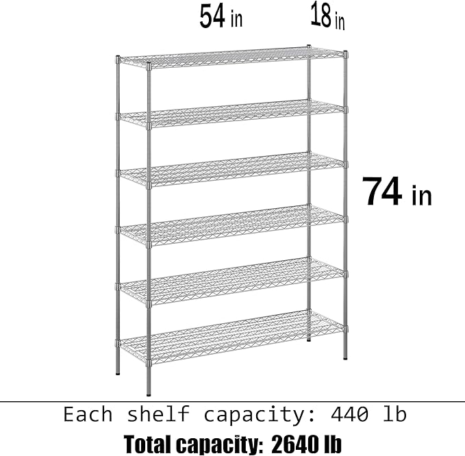 18" Deep x 54" Wide x 74" Height Wire Shelving Kit | 6-Tier | NSF Commercial Storage Rack Unit