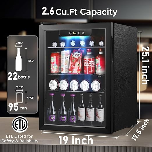 COWSAR 2.65 Cu.ft Wine Fridge, ETL Approved Beverage Refrigerator 95 Can Quiet Freestanding Mini Wine Cooler Clear Front Glass Door, Quiet Operation, Adjust Temperature for Home Bar, Drink Fridge