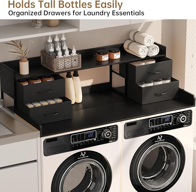 4 Drawers Washer Dryer Countertop with Shelf, 27.5" D x 54" W Laundry Topper with 3.54" High Guardrails and Non-Slip Pads,Extra Storage Organizer for Over Washer and Dryer, Holds 66 Lbs, Black