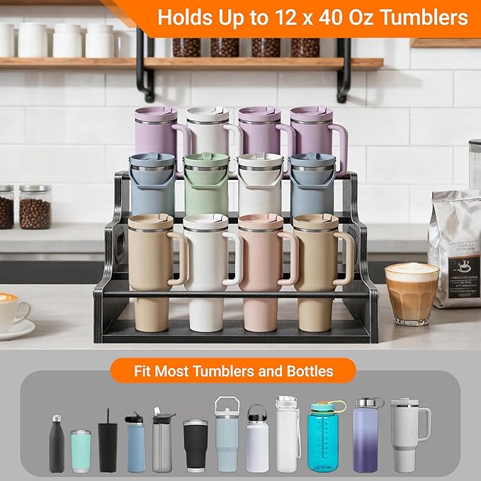 3-Tier Liquor Bottle Display Shelf,Coffee Syrup Rack Organizer,Water Bottle Organizer, Mini Bar Cabinet, Rustic Bar Shelves for for Liquor Whiskey, Spirits（Black）