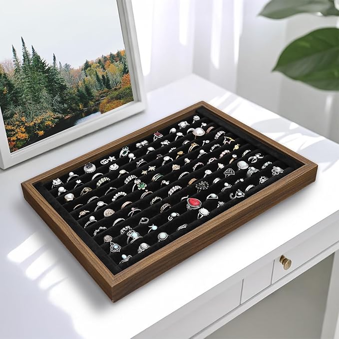 MOOCA 2 Pcs Wooden Ring Display Tray Set with Black Suede Lining, Ring Organizer for Jewelry Storage and Display, Walnut Color, 14W x 9.7D x 1.2H in