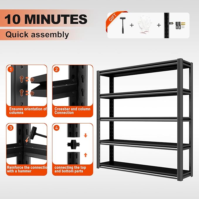 72" H Garage Shelving, Heavy Duty Storage Shelves, 3000LBS Steel Shelving, 5-Tier Adjustable Metal Shelf Units for Industrial, Warehouse, Basement (H72'' W47.2'' D19.6'')