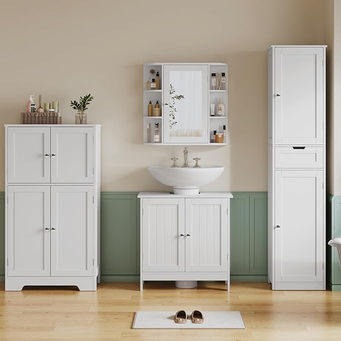 TEENFON Pedestal Sink Storage Cabinet, Under Sink Cabinet with 2 Doors & Shelf, Under Bathroom Sink Cabinet, Pedestal Sink Storage for Bathroom, White