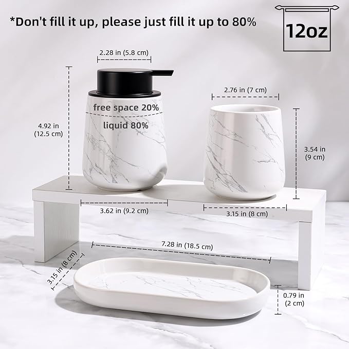 BosilunLife Marble Bathroom Accessory Set - 3 pcs Ceramic Bathroom Soap Dispenser Set Farmhouse Bathroom Counter Decor Set Accessories, Soap Dispenser and Toothbrush Holder, Tray